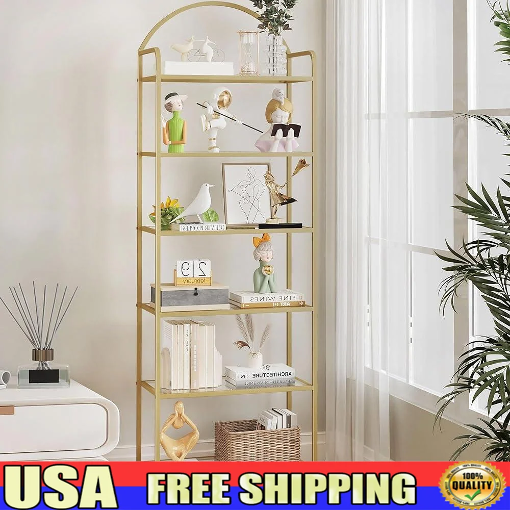 

6 Tier Bookcase Glass Bookshelf Slim Shelving Unit Storage Rack Bedroom Office Bathroom Sturdy Steel Frame Adjustable Anti-tip