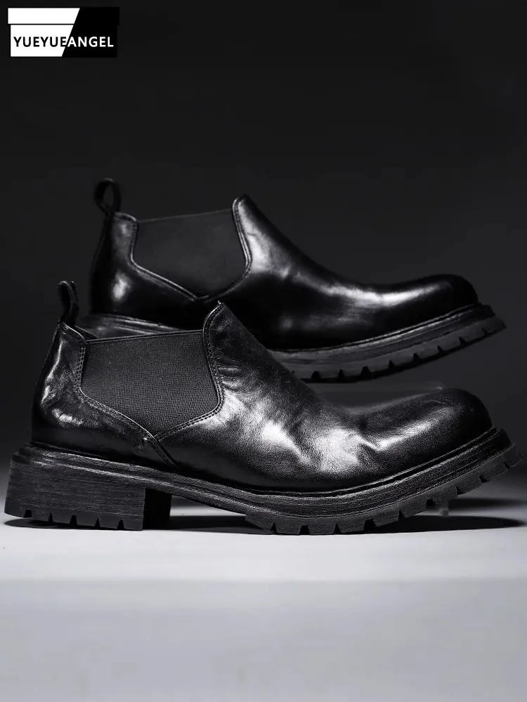 

England Style Genuine Leather Round Toe Solid Color Ankle Boot Retro Handmade Horsehide Slip On Height Increase Mens Boots