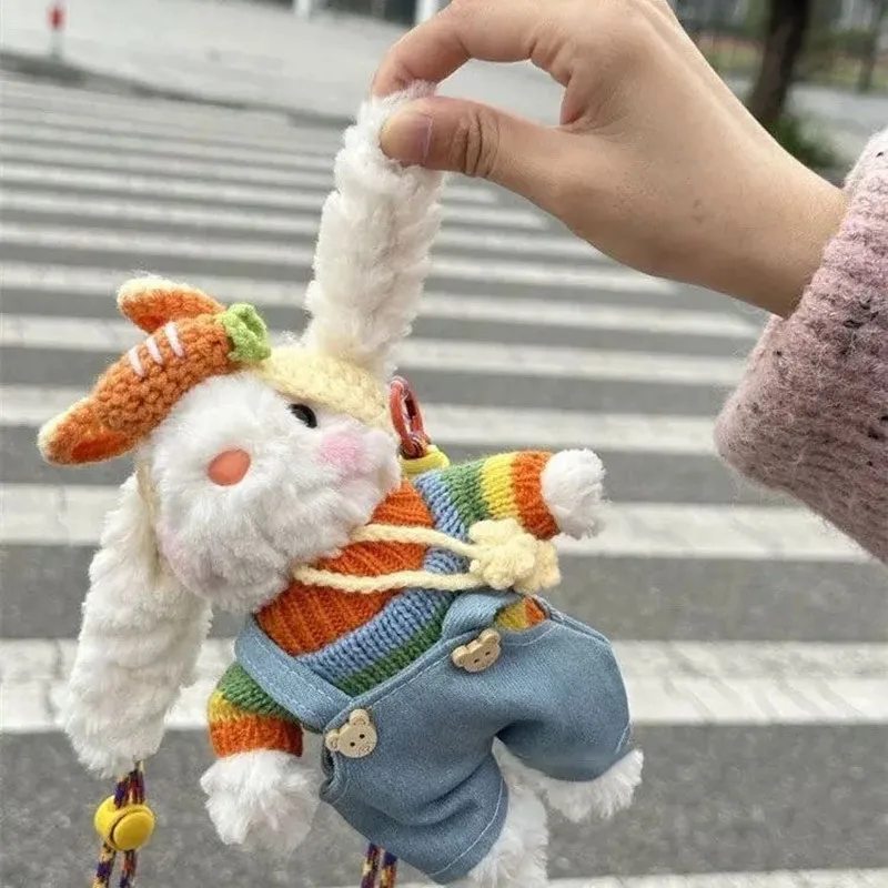 

Rainbow Overalls L-eared Long Ear Rabbit Bunny Pendant Cartoon Plush Doll Keychain Carrot Hat