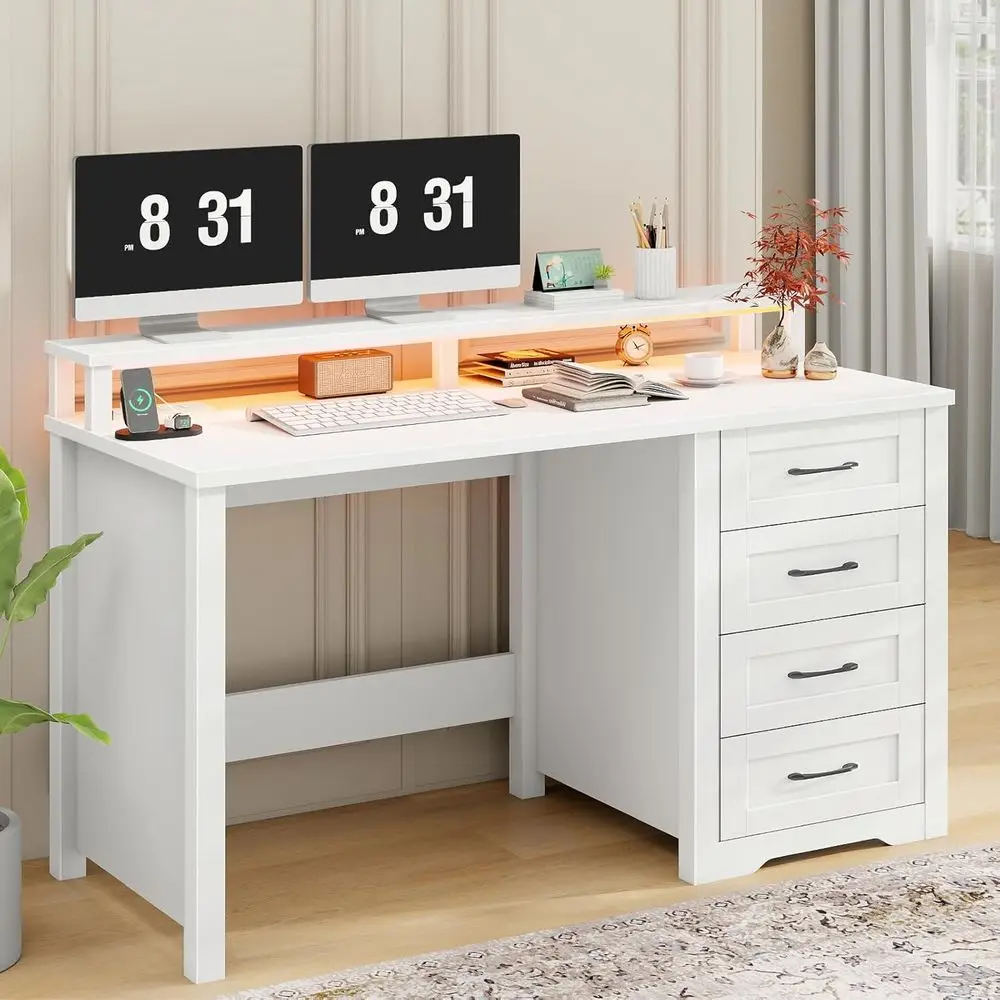 

47 Inch Modern Office Desk with Monitor Stand, LED Lights, and Power Outlets - Spacious White Workstation for Study and Writing