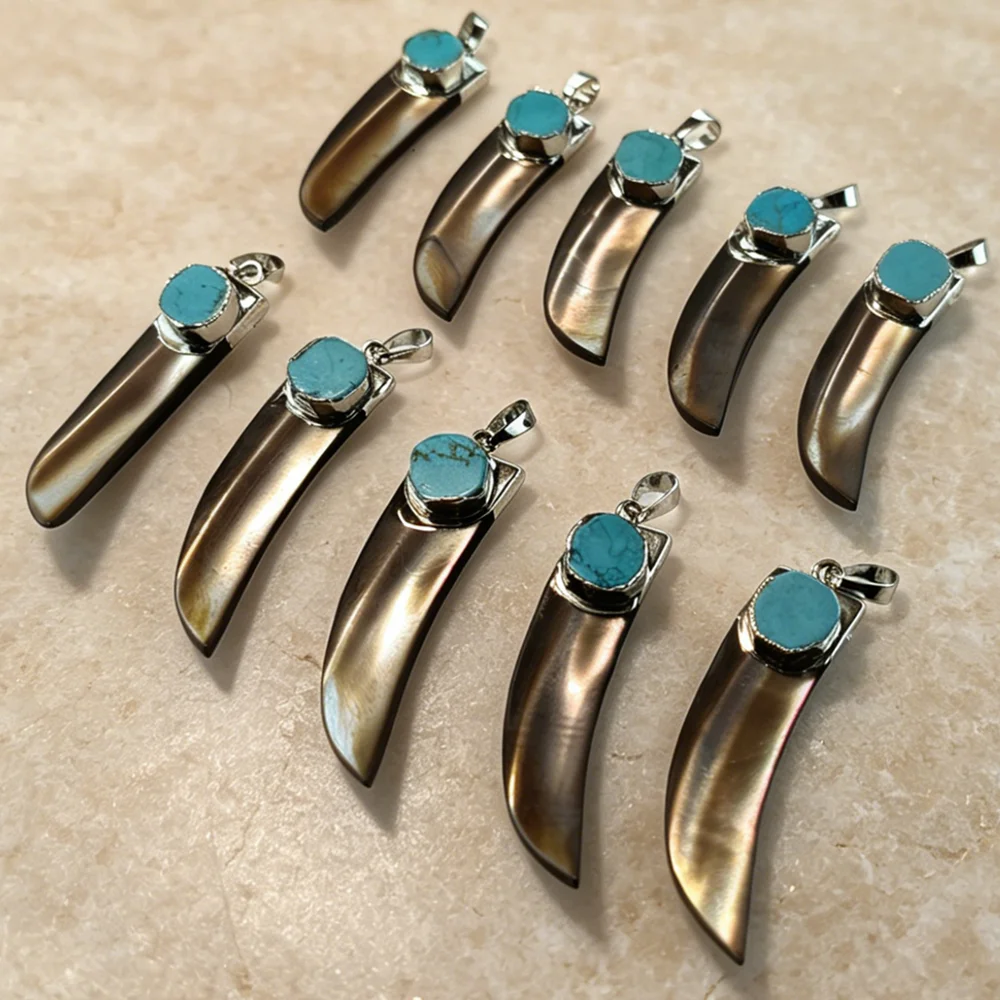 Southwestern Talon Brown Lip Shell Charms Silver Tone Collet Set Simulated Turquoise DIY Beading Findings P2D1015