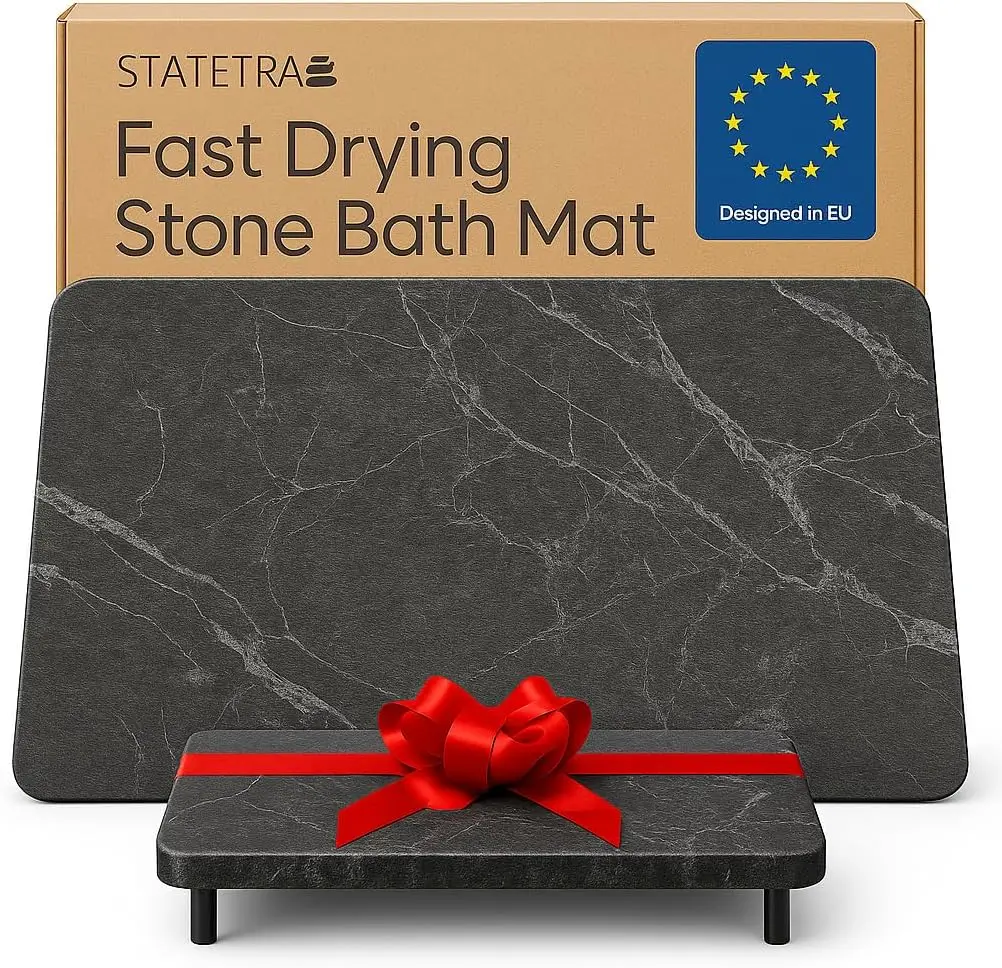 

Quick-Dry Stone Bath Mats for Bathroom, Anti-Slip Natural Stone Shower Mat in Black Marble, Set of 2