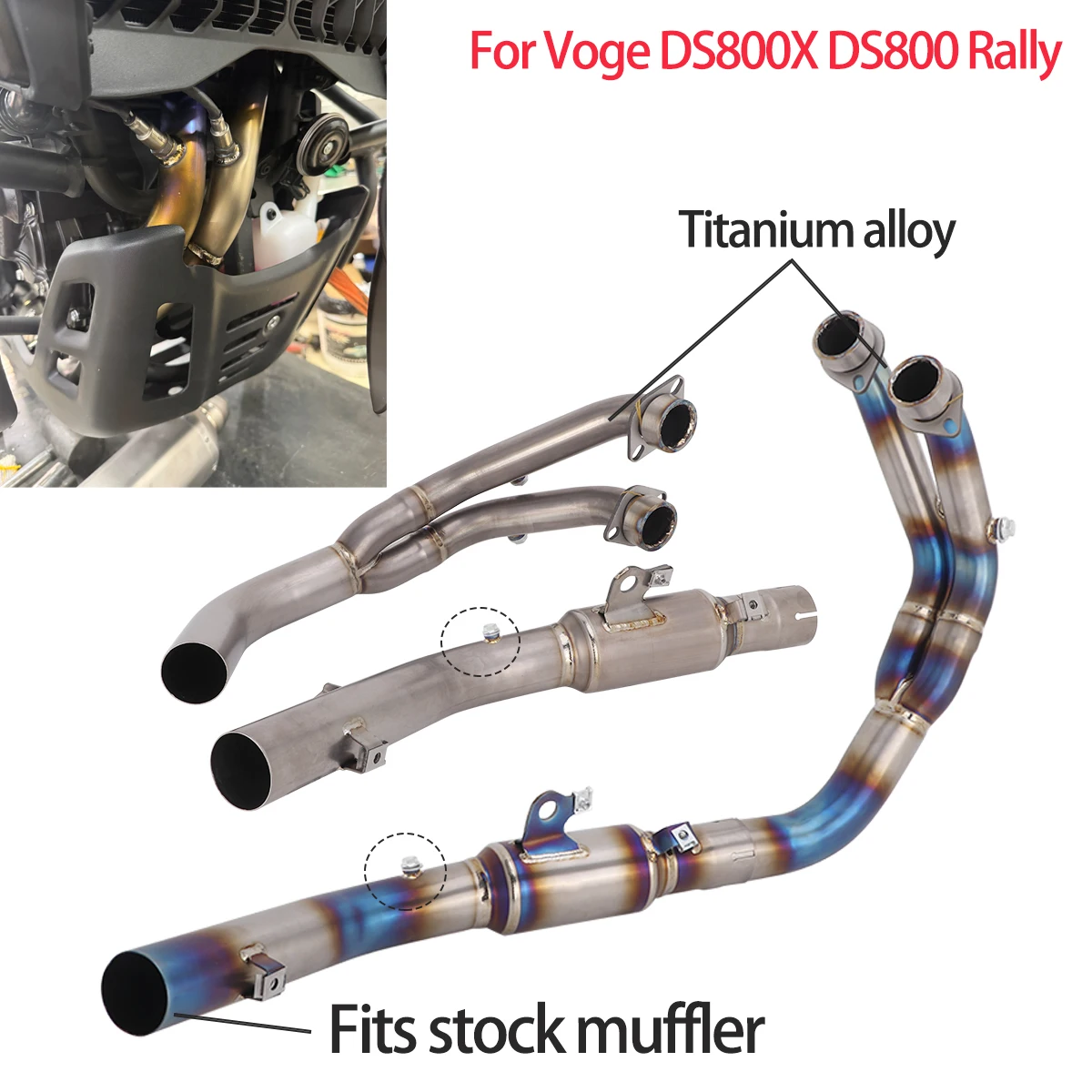 Modified Motorcycle Exhaust Escape Header Front Link Pipe Slip on For Voge DS800X DS800 Rally Fits Stock Muffler Titanium Alloy