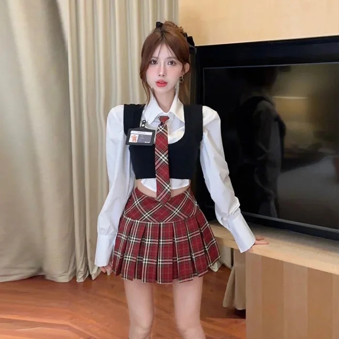 Gege's Online Celebri Preppy Pure Desire Gyaru Short Vest + Puff sleeve Shirts + Plaid Skirt Pants