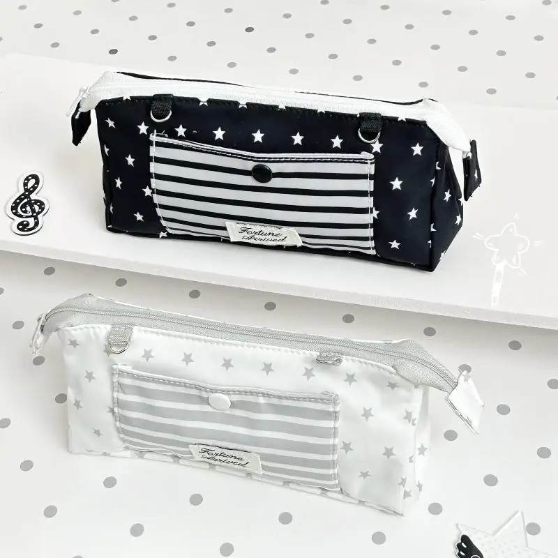 1Pcs Korean Style Star Striped Print Pencil Case Multi-Layer Large Capacity Pen Bag Stationery Pouch Students