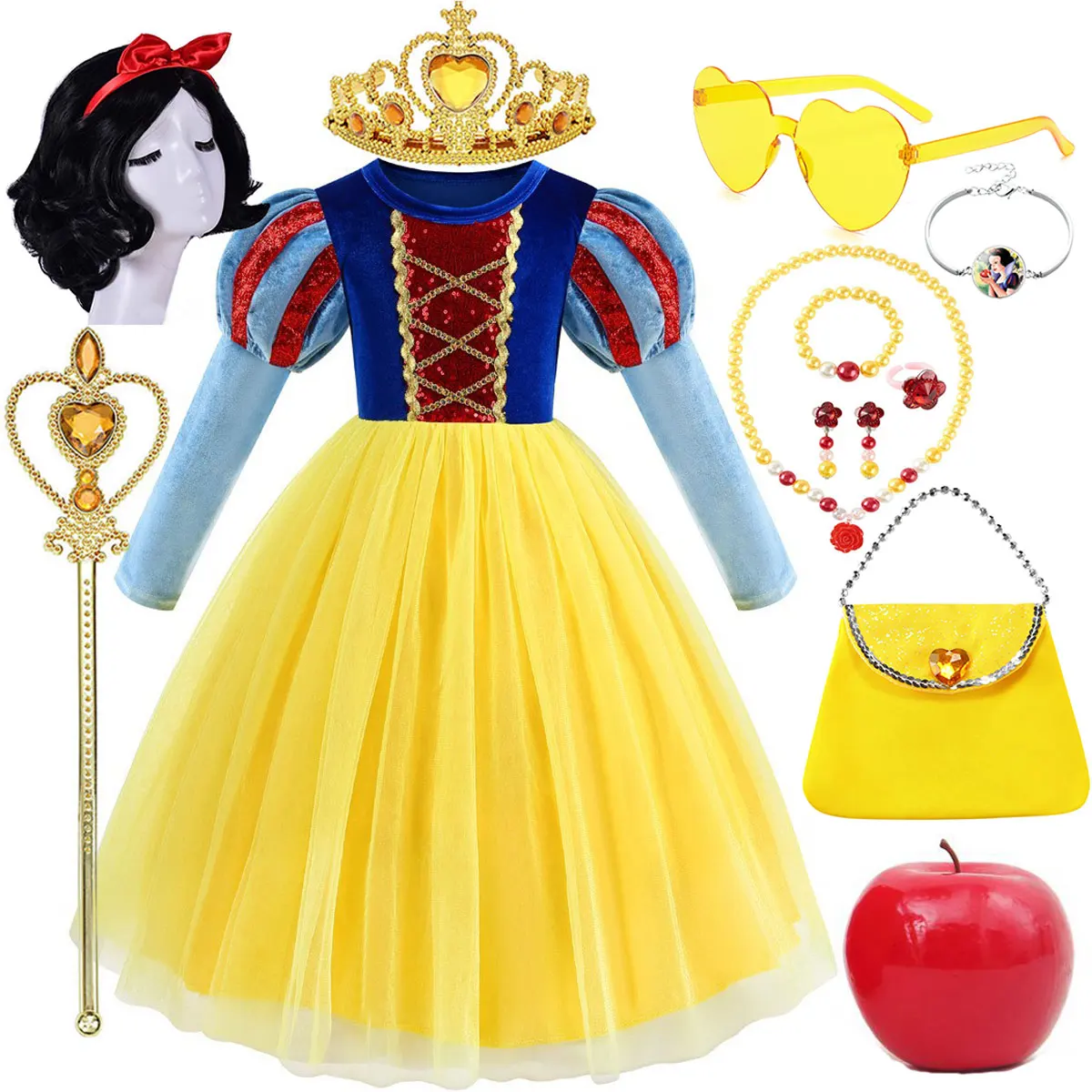 

Disney Girls Cosplay Princess Snow White Long Sleeves Costume Birthday Party Fantasy Velvet Bodice Mesh Tutu Outfit Dress Set