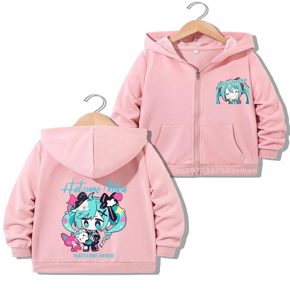 Anime Figure Printed Hatsune Miku Zipper Jacket Kids Overcoat Spring Autumn Children Outerwear Lovely Anime Theme Casual Tops