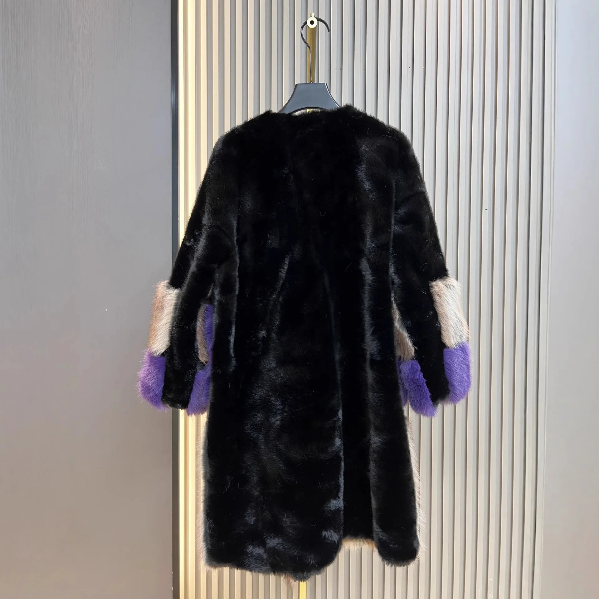 2025 Autumn Winter New Fashion Color-Block Long Thickened Faux Fur One-Piece Mink Fur Women's Faux Fur Coat V Neck