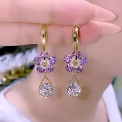 Exquisite Flower Dangle Earings Shiny Full Rhinestones Crystal Drop Earrings Women's Fashion Party Wedding Ear Jewelry Gifts K1