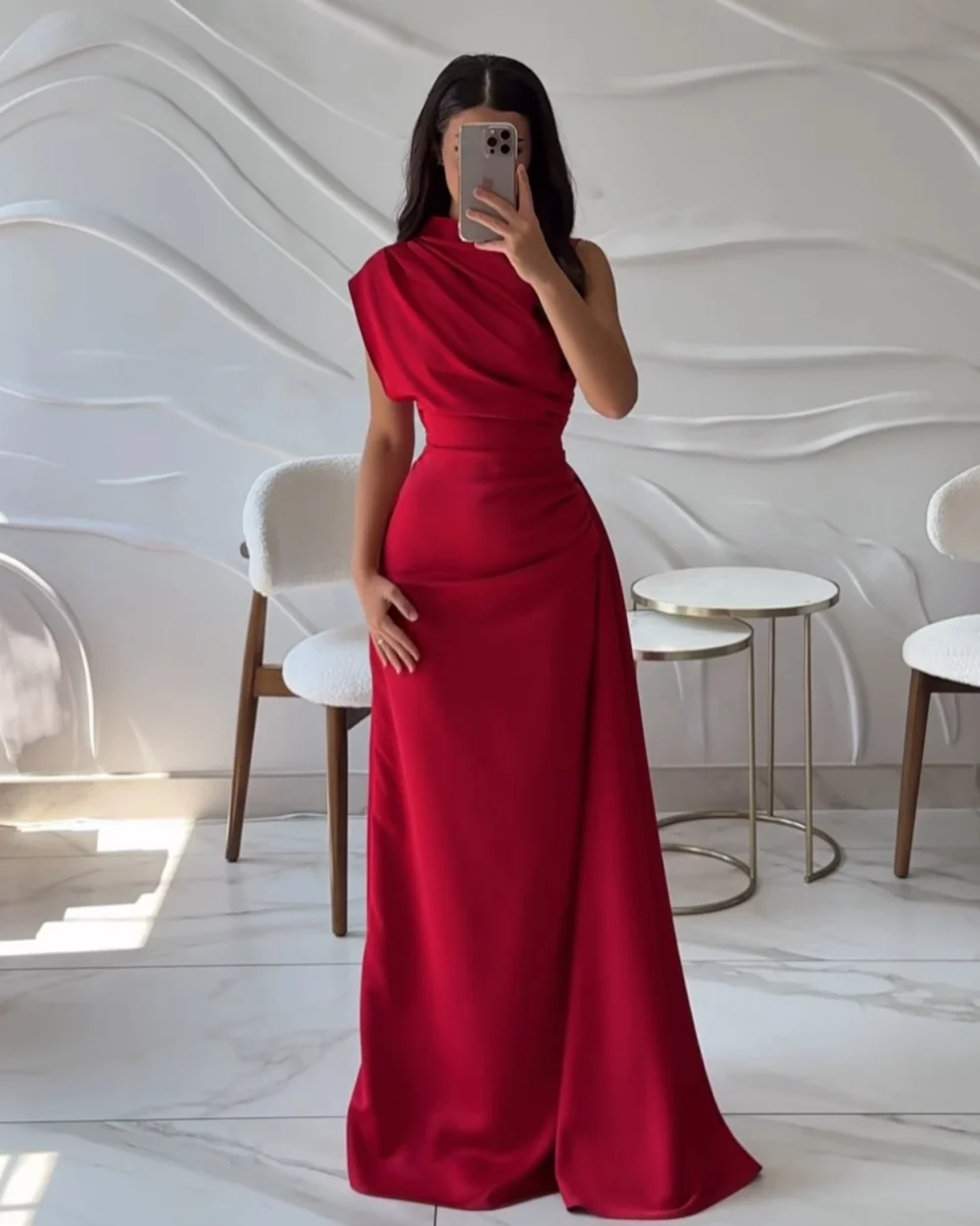 

Customized Modern Style Simple Ruched Straight Scoop Neck Long Dresses Bespoke Occasion Dresses Sizes Available High Quality