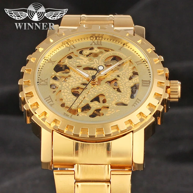 T-WINNER Luxury Man Watch Gold Dragon Design Skeleton Automatic Mechanical Fashion Classic Stainless Steel Waterproof Male Clock