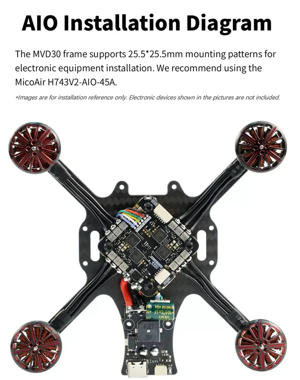 MicoAir MVD30 O4 3인치 프레임 키트 136mm 탄소 섬유 테일 플러그 보드 포함 AIO 통합 비행 제어 장치 TRS RX 호환
