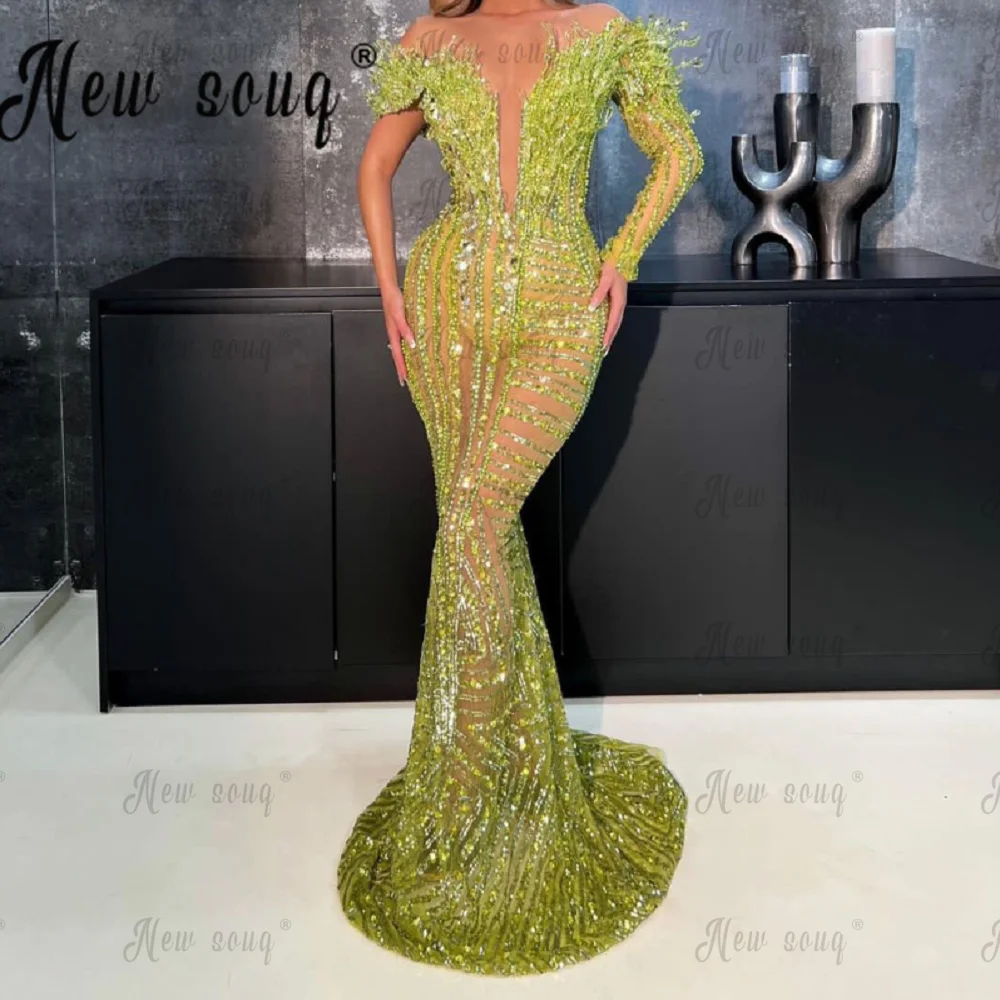 

Spring Green Beading Party Dress Long Sleeve Mermaid Birthday Wear Arabic Luxury Custom Formal Occasion Dresses Hot sale 2024