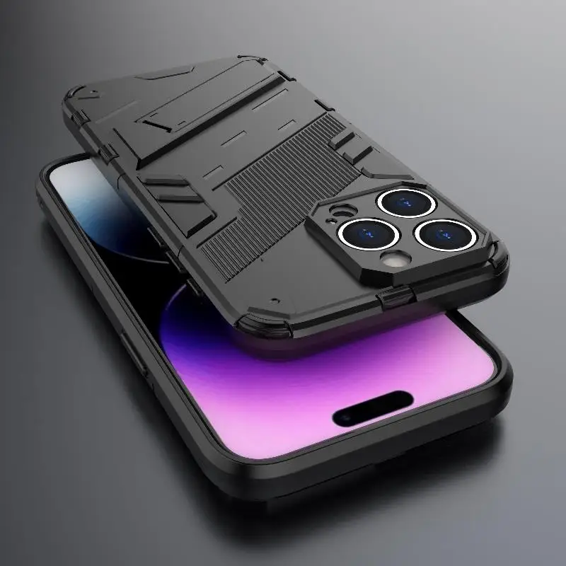 Robuste Rüstung stoß feste Handy hülle für iPhone 11 12 13 Mini 14 plus 15 Pro Max versteckte Halter Stand Back Cover