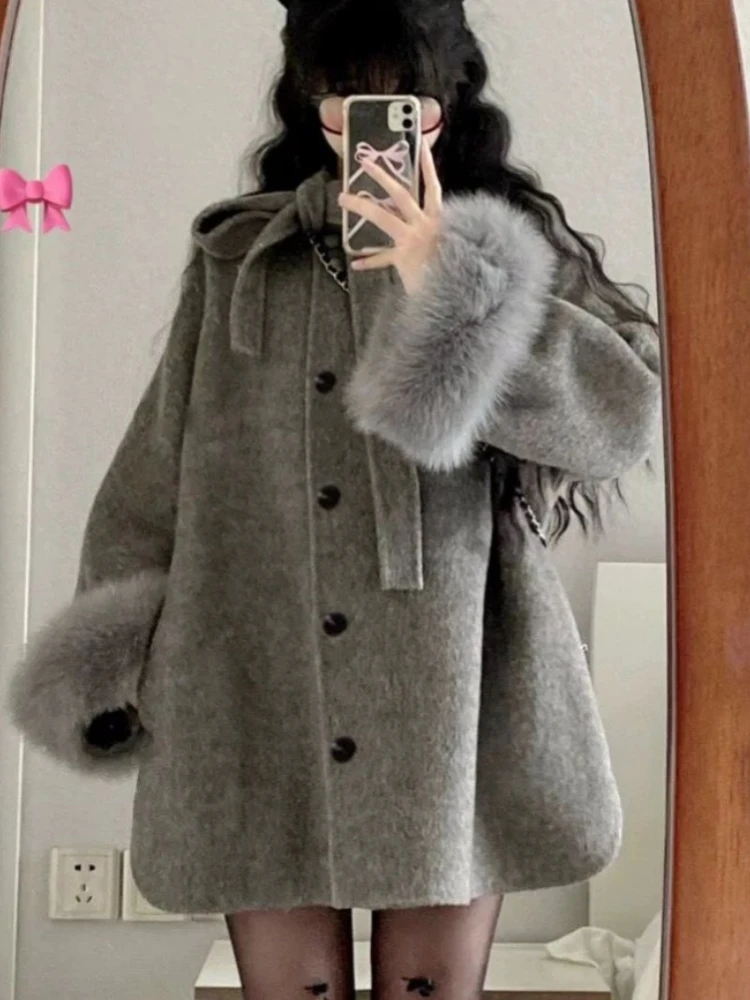 

New in Grey Women's Sweet Temperament Coat Autumn/Winter Fashion Elegant Women's Medium Length Bow Wool Cloak Coat Top
