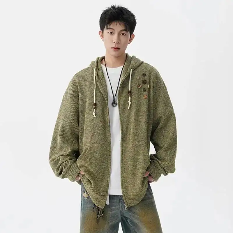 Korean Style Men's Hoodies Chic Button Decoration Drawstring Hooded Big Pockets Loose Solid Color Male Sweatshirts 9W1YIK