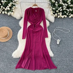 Elegant Swinging Collar Vintage Long Sleeve Chic Rhinestone Slim Split Mermaid Dress French Evening High Street Autumn Clothing