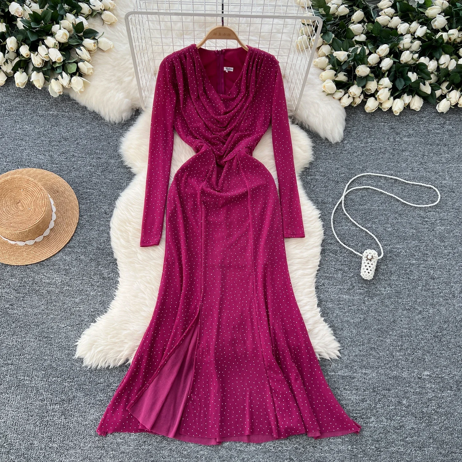 Elegant Swinging Collar Vintage Long Sleeve Chic Rhinestone Slim Split Mermaid Dress French Evening High Street Autumn Clothing