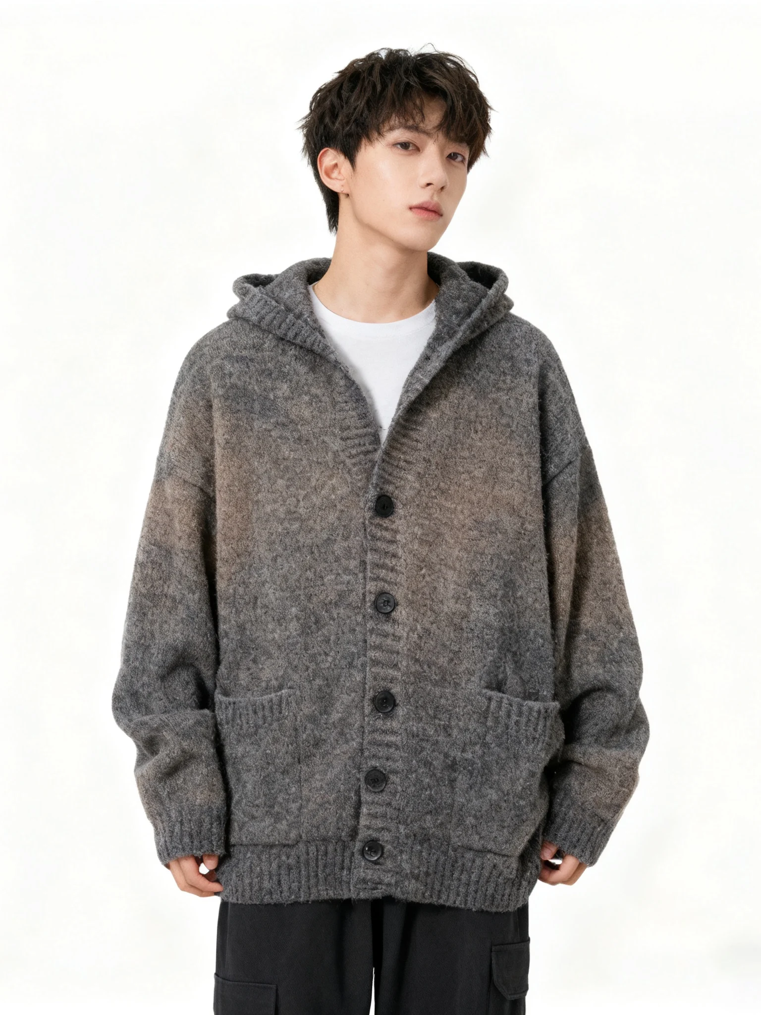 

Мужская повседневная вязаная толстовка с капюшоном Long Sve, открытый кардиган, свободный крой, удобное полиэфирное волокно, городское уличное теплое дышащее платье