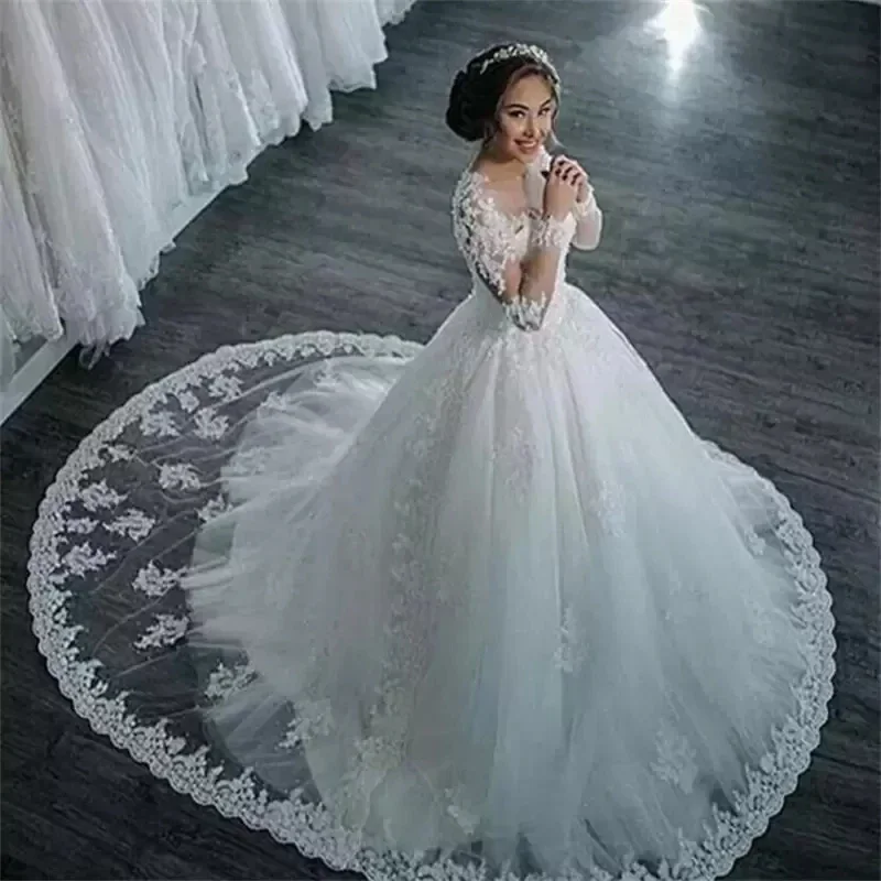 Vestidos De novia personalizados, elegante vestido De novia De corte en A, manga larga, apliques De tul con cuentas, encaje De princesa Brida