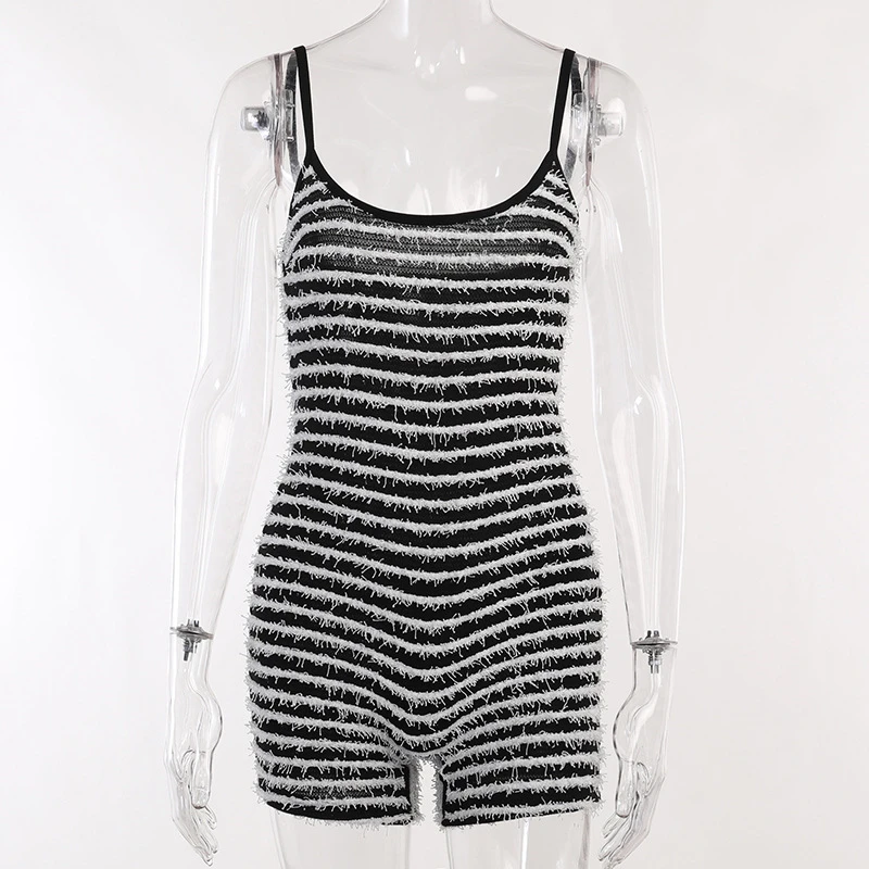 Fuzzy Zebra Stripe Shorts Jumpsuit Women Black White Patchwork Spaghetti Straps Sleeveless Playsuits 2023 Summer Casual Overalls