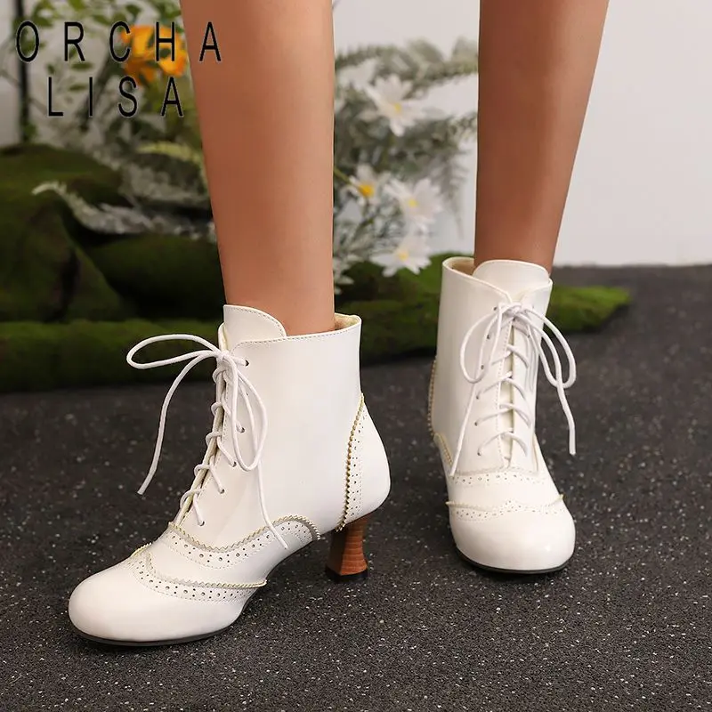 

ORCHA LISA Fashion Fashion Women's Ankle Boots Round Toe 6cm Block Heel Lace Up White Large Size 46-48 Autumn Winter Casual