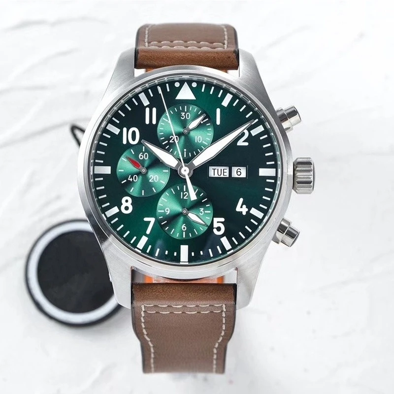 SHXI mens mechanical watch Pilots automatic Green Brown Leather