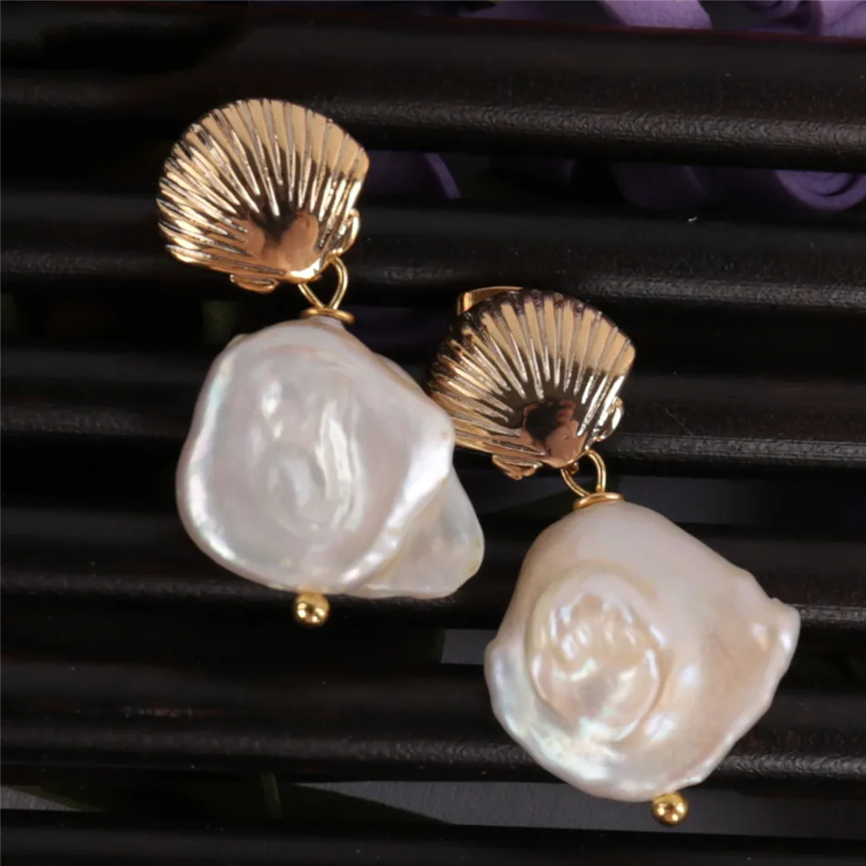 

Natural White Baroque Pearl gold Earring Freshwater Party Silver Stud Drop Clip-on Gemstone