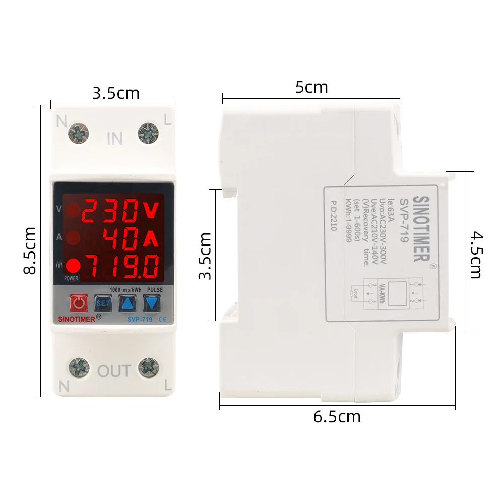 

SVP-719 Din Rail Dual Display Energy Meter Adjustable 40A 63A Over Voltage Current and Under Voltage Protective Device Protector