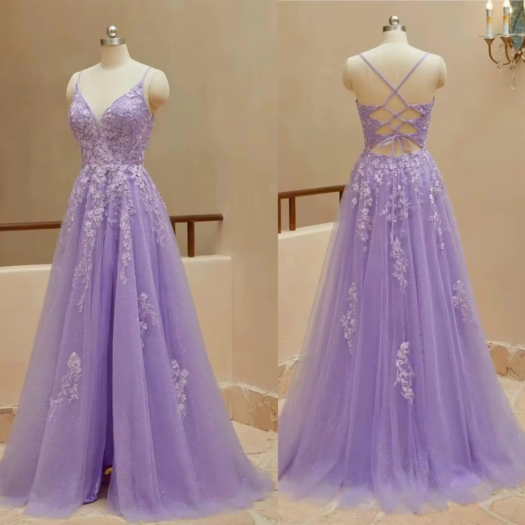 

JEHETH Lace Tulle Appliques Prom Dress Backless Bridesmaid Dress For Women Long V Neck Spaghetti Straps Corset Evening Dress
