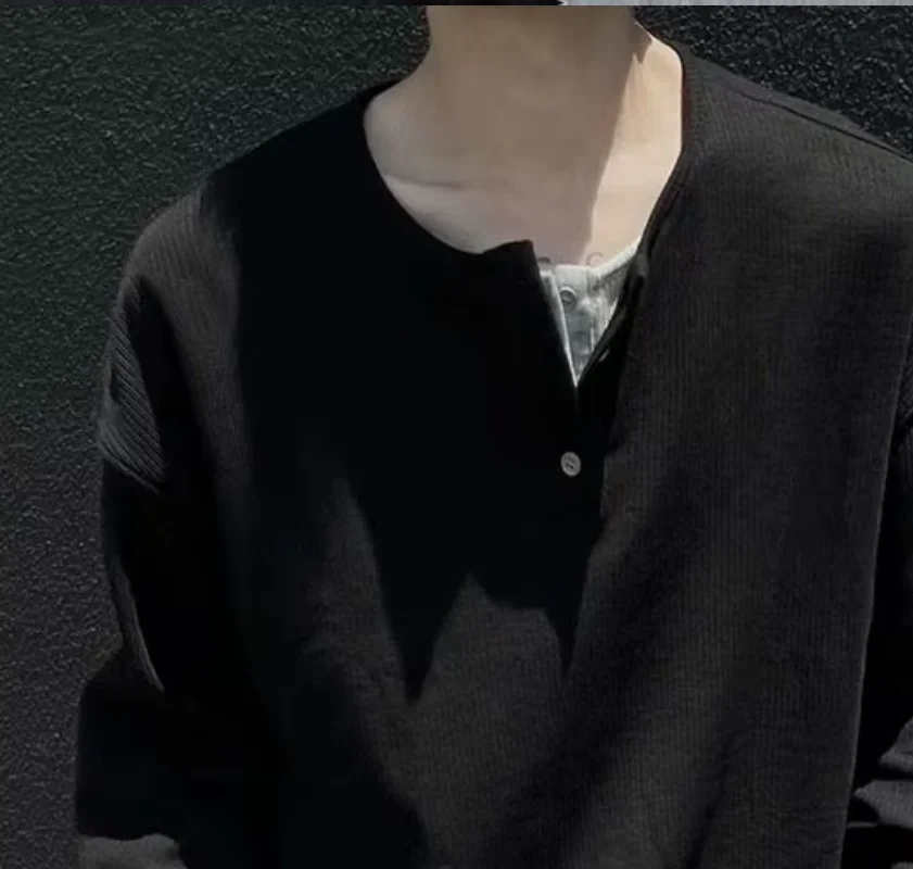 Men Henley Long Sleeve T Shirt Spring Fake Two Piece Fashion Casual Harajuku Basic Oversized All-match Clothing Daily Black Grey