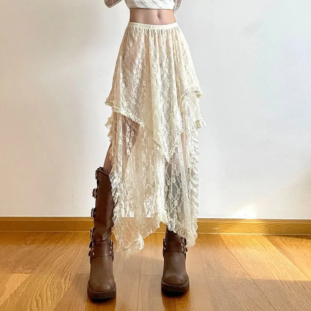 

Sweet Y2k Lace Asymmetrical Skirt High Waist Beige Boho Mid Skirt Slim Fit Chic Pleated Skirt Spicy Girl