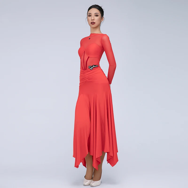 Red Ballroom Dance Dress Women Competition Clothing Backless Long Sleeves Practice Clothes Waltz Dance Wear Prom Dress DNV22079