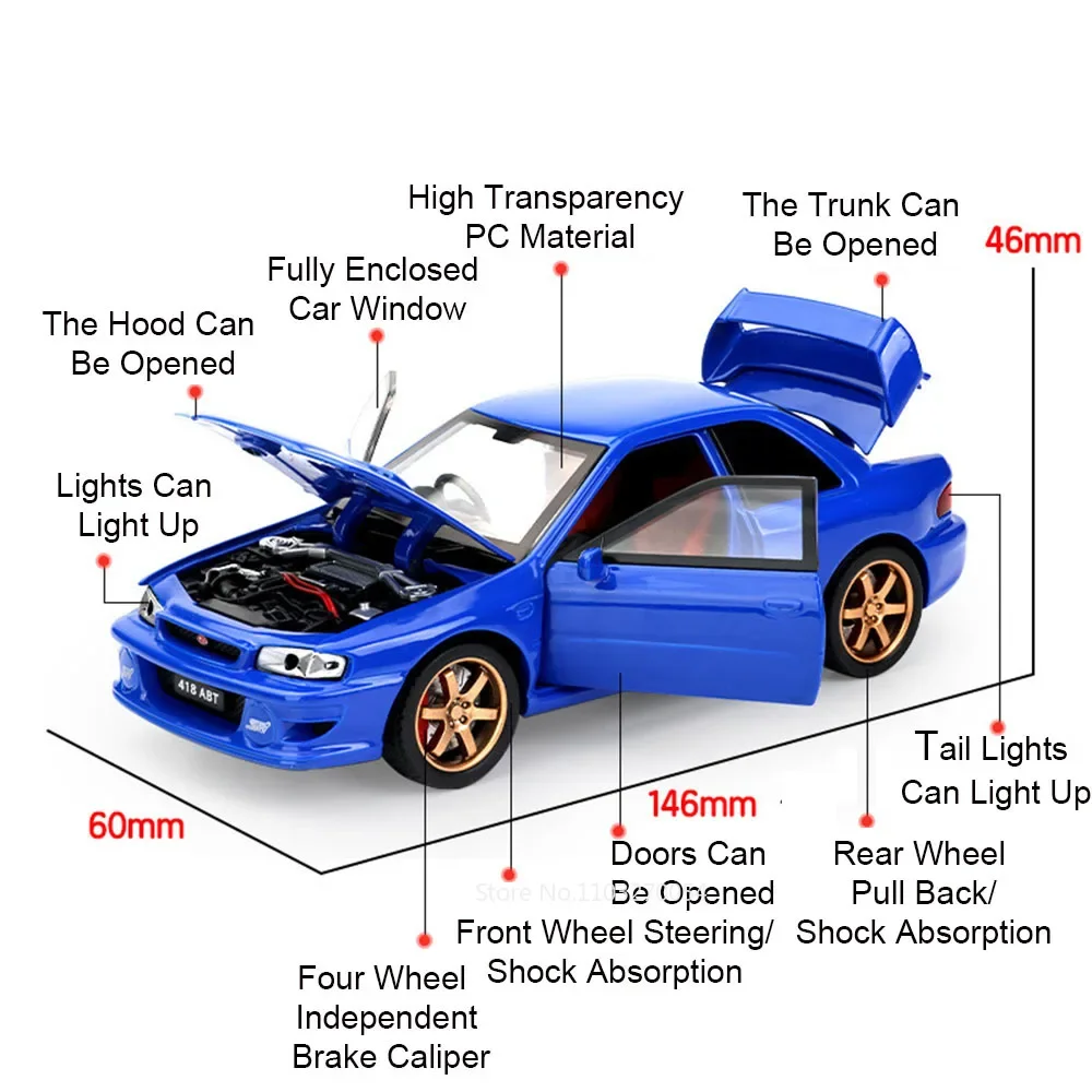 1:32 subaru impreza modelo em miniatura liga diecast carro brinquedos com luz sonora puxar para trás portas abertas brinquedo presente de natal das crianças