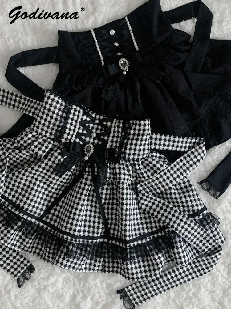 

Japanese Style New Lolita High Waist Mini Skirt Girls Women's New Autumn Rhienstone Bow Black Houndstooth Sweet Short Skirts