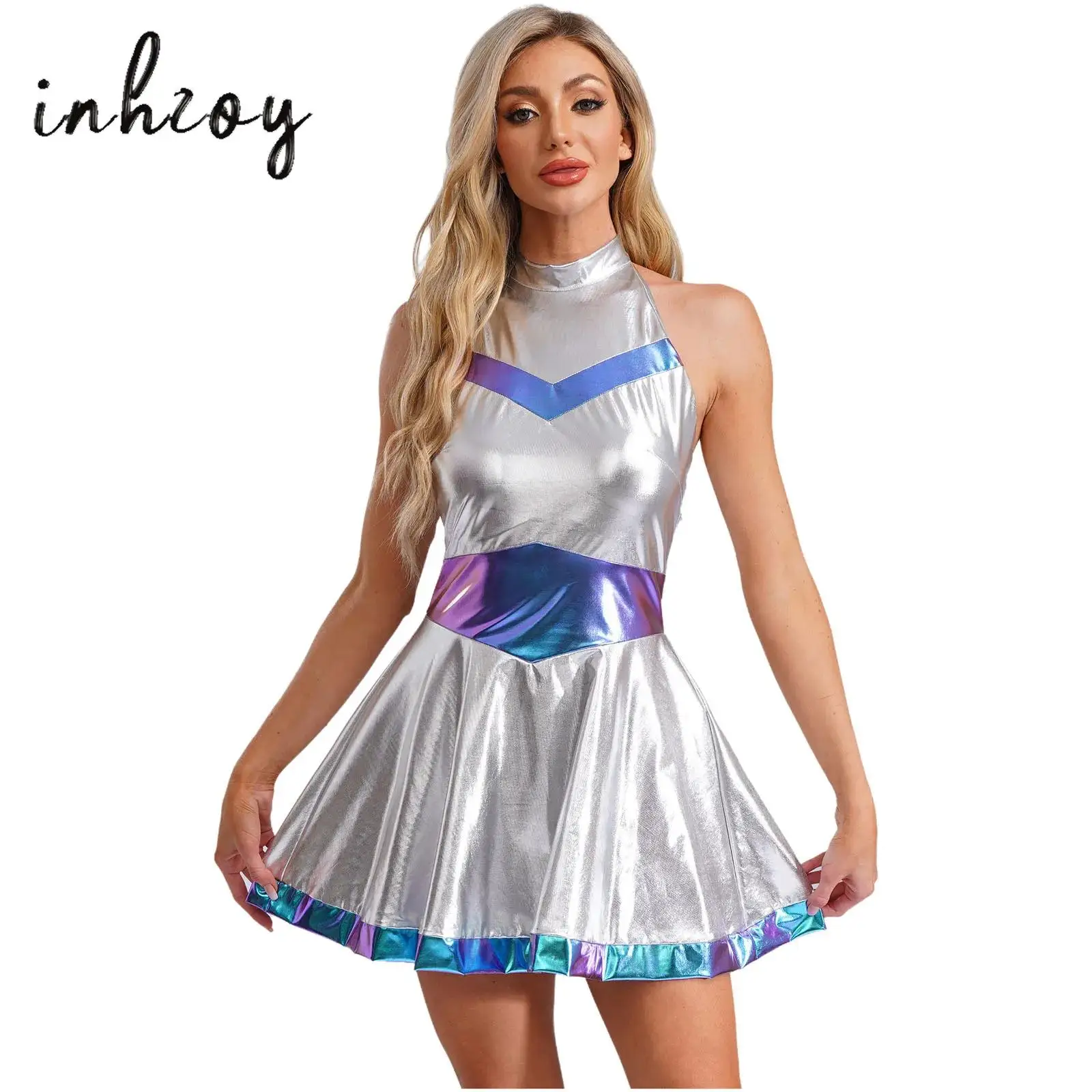 

Metallic Shiny Halloween Alien Costumes Space Astronaut Cosplay Uniforms Dress Womens Halter Neck A-line Mini Dress Clubwear