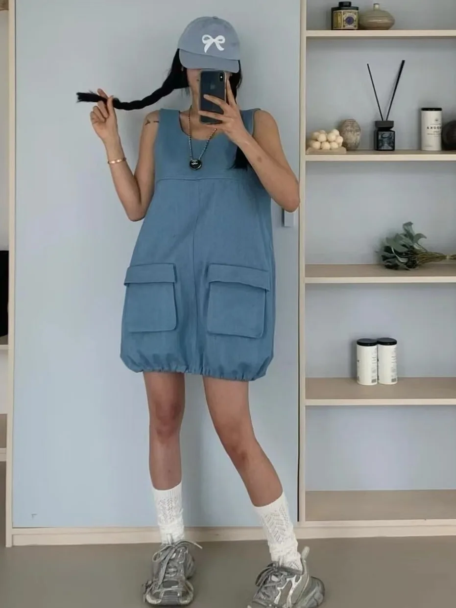 Vestido vaquero e Vintage de verano con cuello redondo y diseño de bolsillo, ceco sin mangas con cordón, Falda cort...