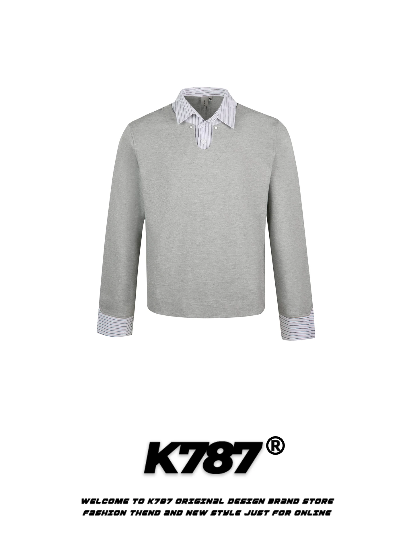 

K787 American Retro Striped irt Men's Women's Casual Cleanfit Leisure Couple's irt Fake Two-Piece Loose Fit Cotton B...