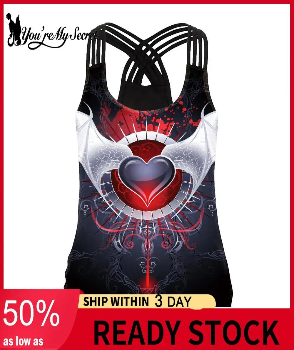 [You're My Secret] Women Sexy Hollow Out Tank Tops Summer Casual Sports Fitness Vest 3D Printed Sleeveless Streetwear Loose Tops