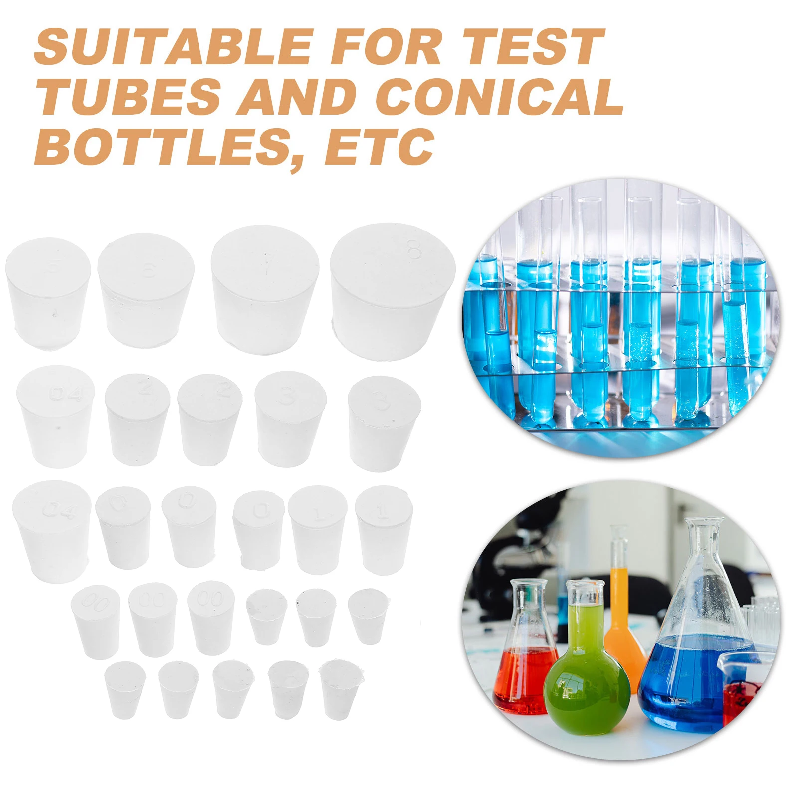 

26pcs Rubber 000#-8# White Lab Sealing Plugs Rubber Sealing Plugs Test Tube Flask Bottle Caps DIY Plants Holes Hardware