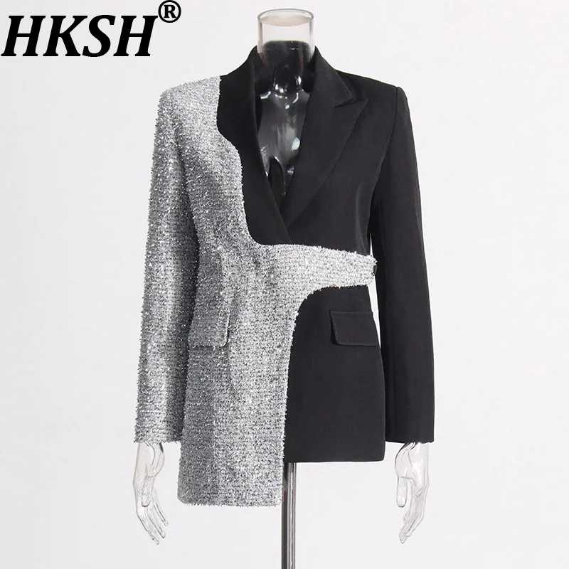 

HKSH 2026 Spring Autumn New Women Blazer Color Block Patchwork Asymmetrical Temperament Office Lady High-end Trend Jacket HK3107