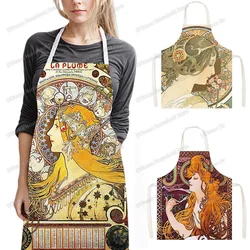 Oil Painting By Alphonse Mucha Print Cooking Apron for Men Household Woment Baking Cleaning Tools Chef Waiter Kitchen Pinafore