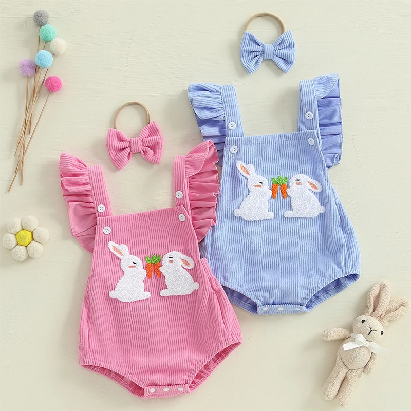 Mubineo Baby Girls Clothes Easter Outfits Ribbed Carrot Bunny Embroidery Flying Sleeve Spring Romper with Bow Headband 2pcs Sets