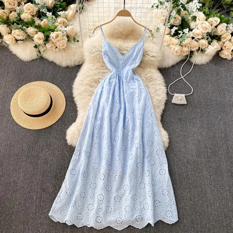 

2022 Summer Sexy V-neck Breastedslim Split Ruffle Large Swing Holiday Style Dress Women Hollow Out Solid Color Clothes