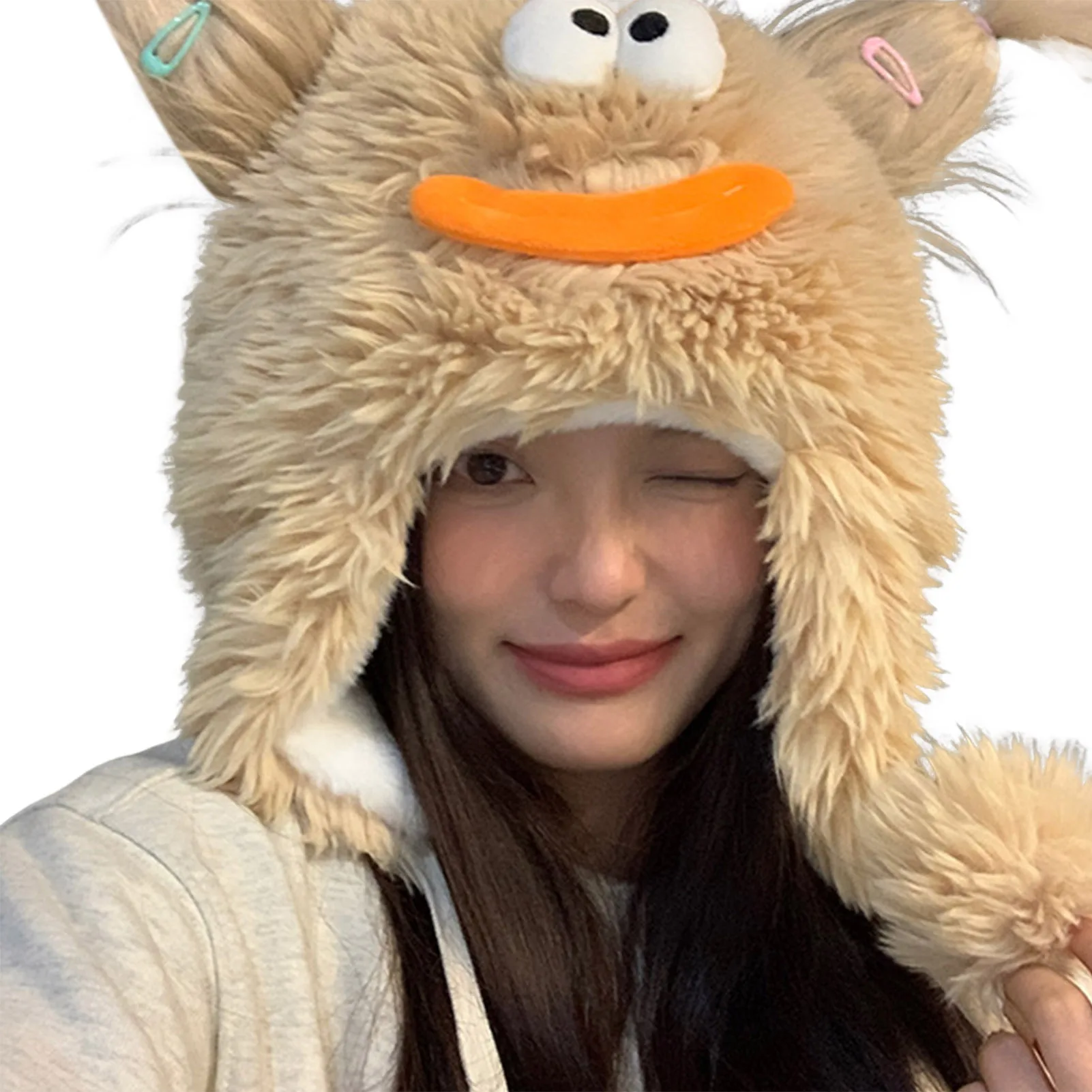 Creative Plush Beanies Hat Cartoon Sausage Mouth Winter Funny Beanies Cap for Cold Weather