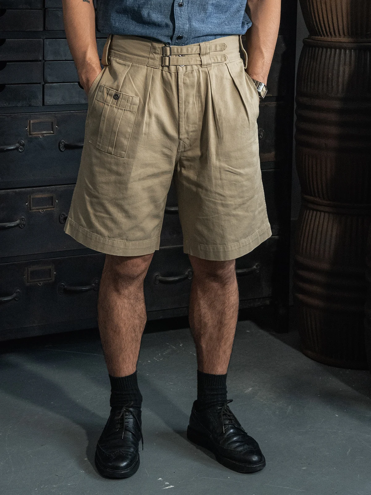 

Khaki WW2 North rica Battle Casual Loose orts Briti Gored Double Pleat Loose Leisure Mid-Pants Men's Summer Faion