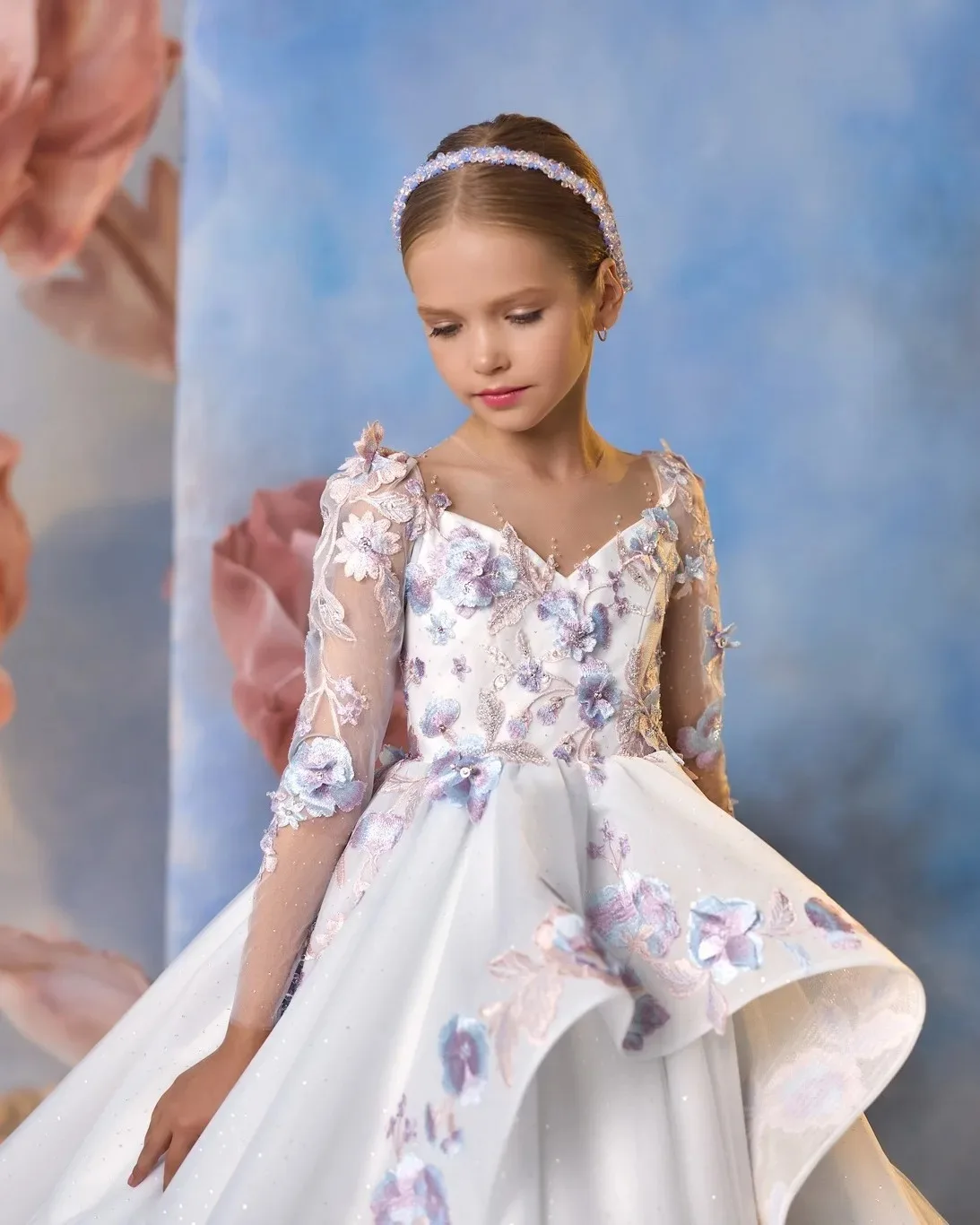 Robes de demoiselle d'honneur pour mariage, avec des Appliques en dentelle, manches longues, robes de princesse pour séance photo, robes de première Communion personnalisées