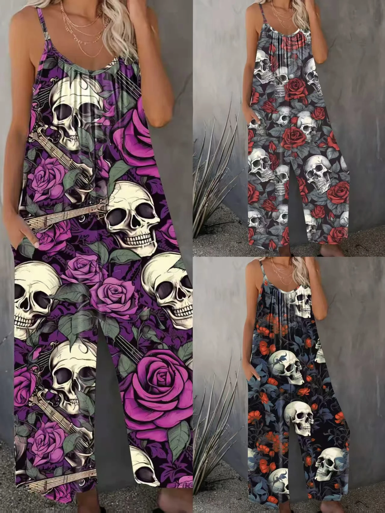 

Комбинезон без рукавов с принтом черепа и розы на Хэллоуин, женский повседневный комбинезон со свободными бретелями и широкими штанинами с карманами