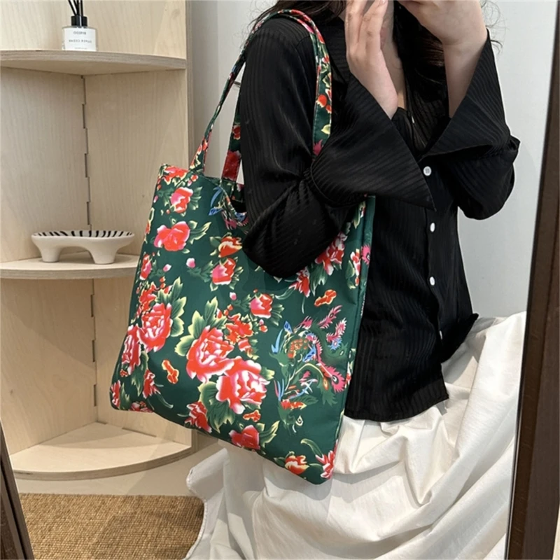 Ethnic Vintage Chinese Style Flower Pattern Shoulder Bag Women Girls Casual Large Capacity Handbag Travel Dating Shopping Tote