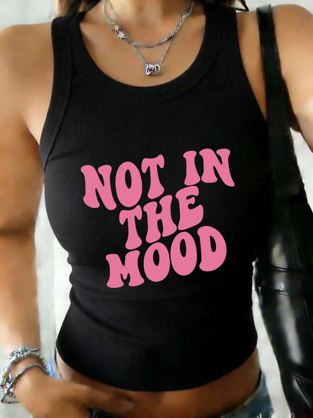 

Not In The Mood Printed Womens Summer Comfortable Tank Shirts Casual O-Neck Elastic Undershirt Basic Cotton Slim Fit Tank Tops